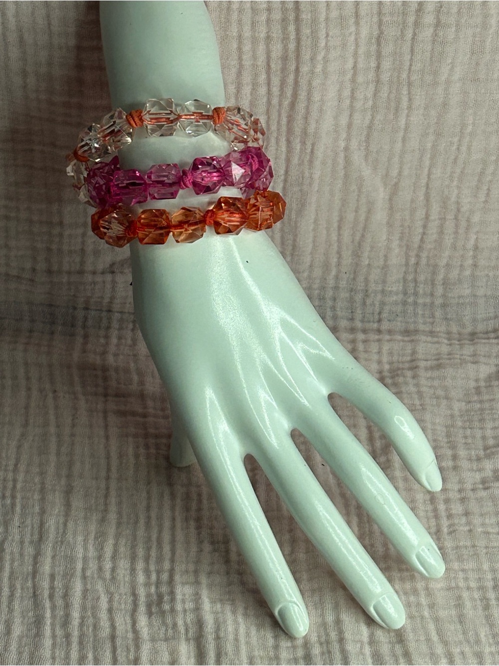 Three-Piece Faceted Bead Stretch Bracelet Set — Clear, Pink & Orange